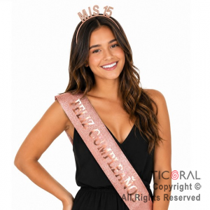 SET VINCHA MIS 15 Y BANDA FELIZ CUMPLEA�OS ROSA GOLD